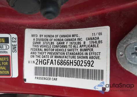 2006 Honda Civic Ex z USA, uszkodzony, nr VIN 2HGFA16866H502592